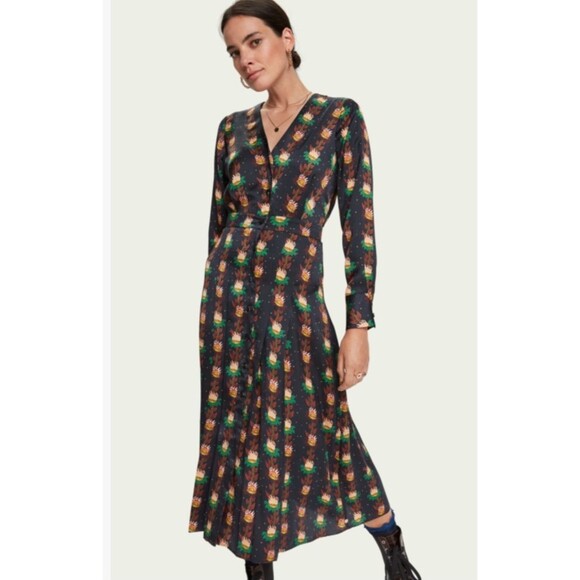 SCOTCH & SODA Floral Midi Dress Small Long Sleeve V-Neck Vintage Inspired - Picture 1 of 10